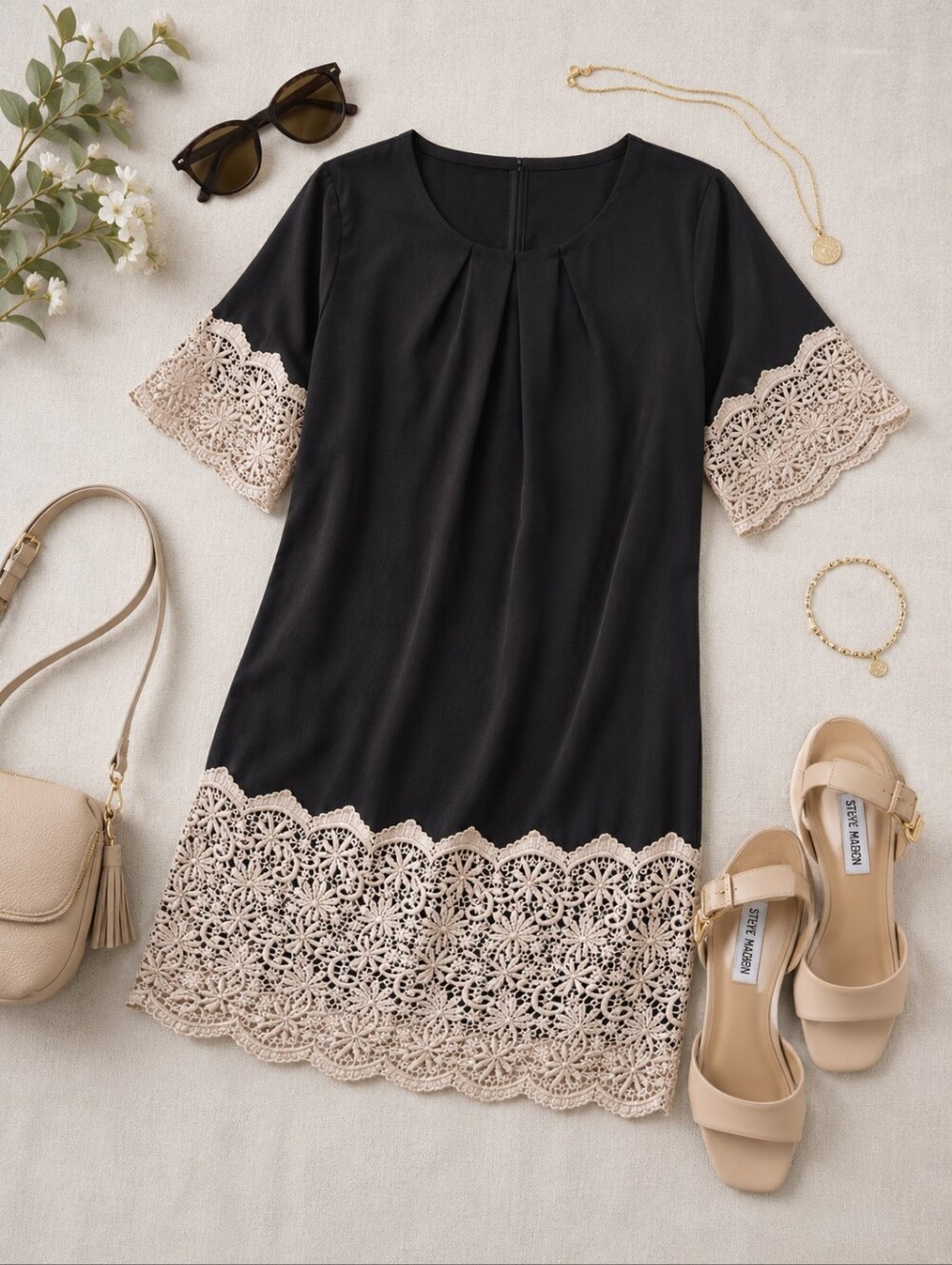 Gianni Bini Black Shift Dress Blush Pink Lace Trim Mini Large